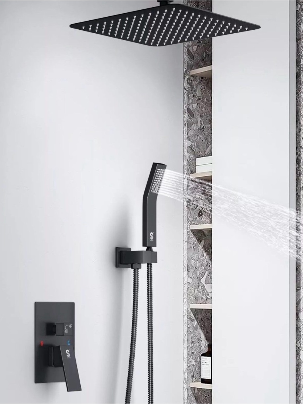 NEW 12 Inch Ceiling Mount Matte Black Shower System Bathroom Luxury Rain Mixer